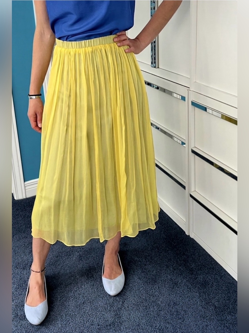 Vintage 80s Tokyo Boutique Layered Chiffon Midi Skirt • Sunny Yellow & Sage